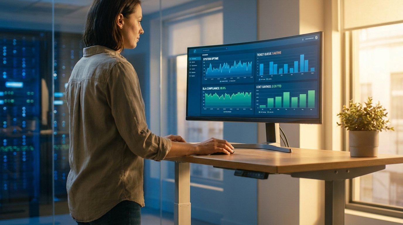 AIG team collaborating on managed IT services dashboard showing uptime monitoring and ticket resolution — cover