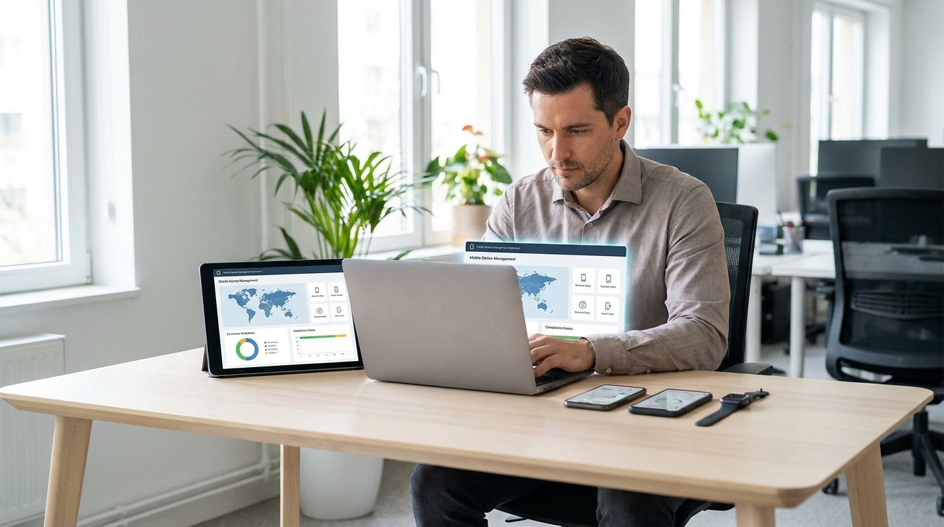 AIG team collaborating on mobile device management console showing enterprise device fleet and compliance — cover