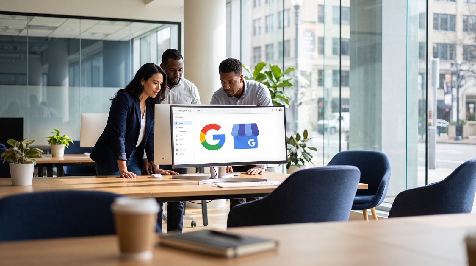 AIG team reviewing Google Business Profile on a desktop in a modern office — September 2026 GBP Recovery Playbook cover
